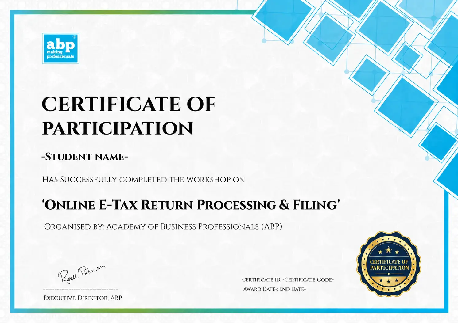 Sample completion certificate for Online E-Tax Return Processing and Filing workshop