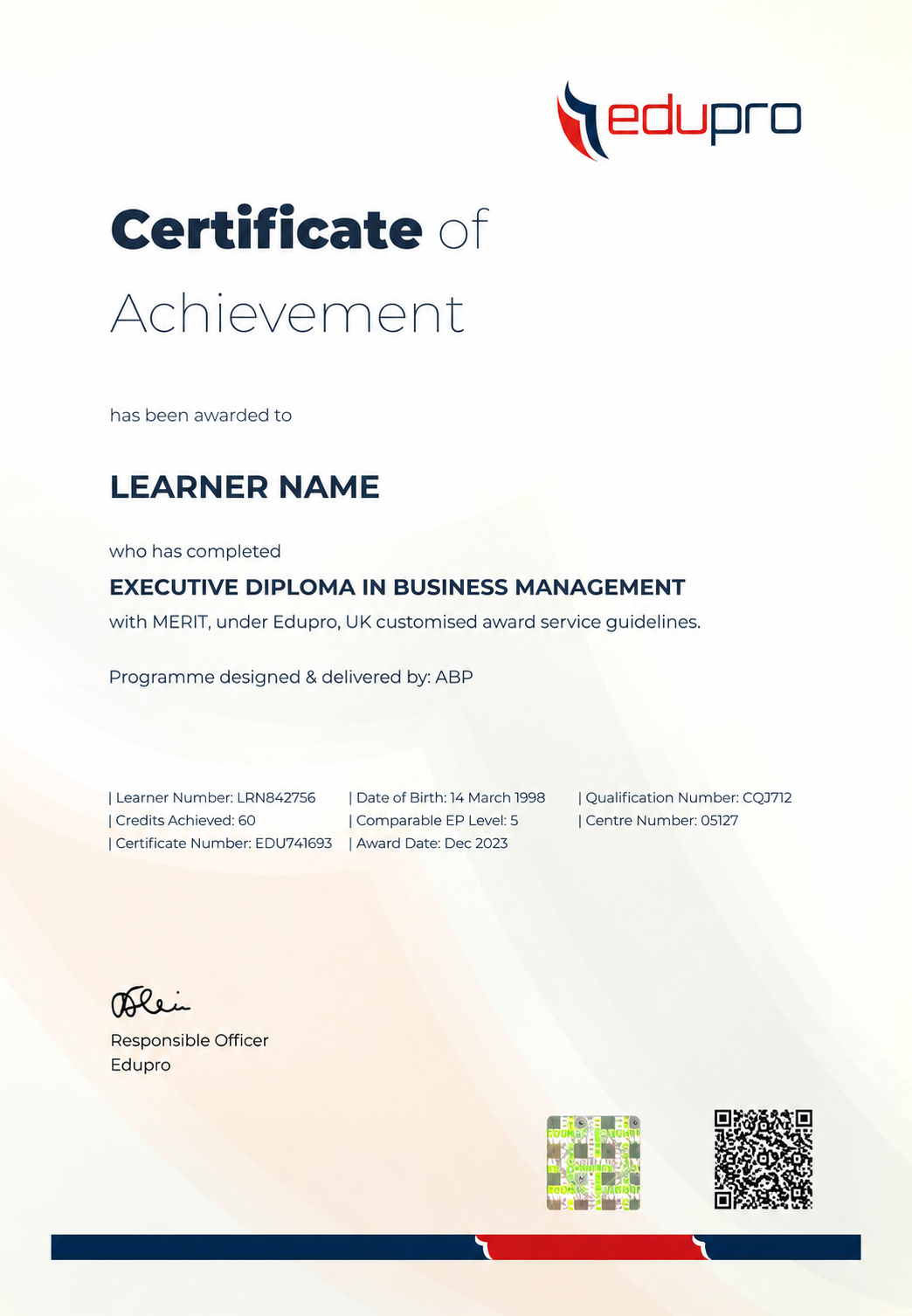 Edupro UK Awarded Executive Diploma in Business Management Certificate