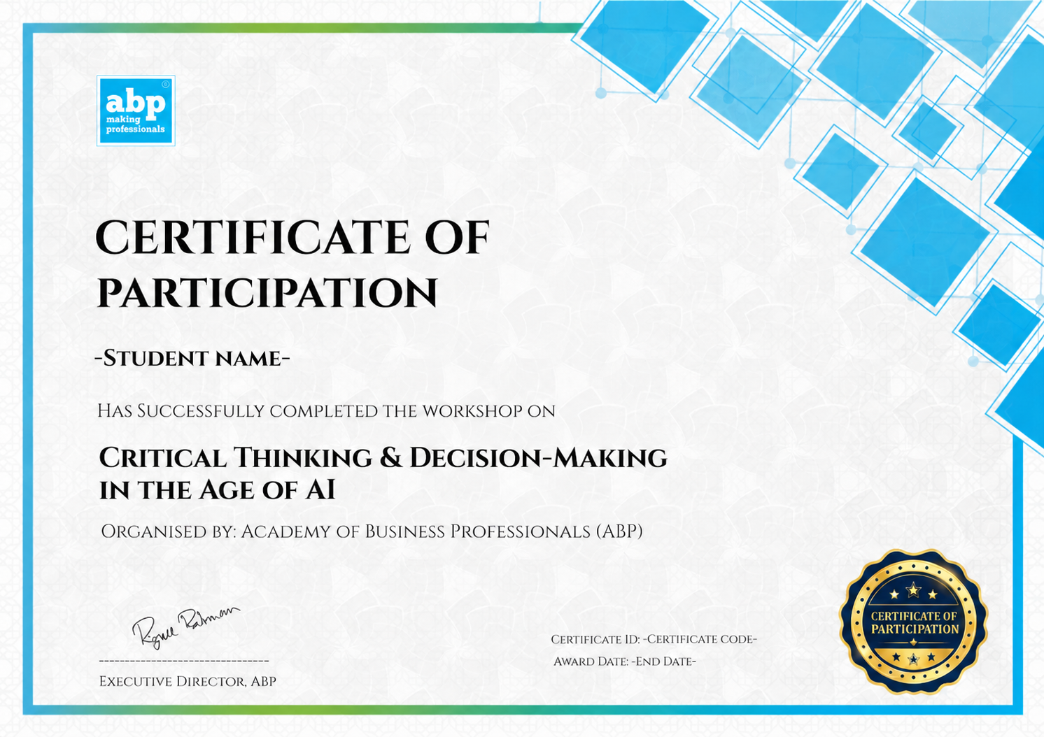 Academy of Business Professionals workshop certificate