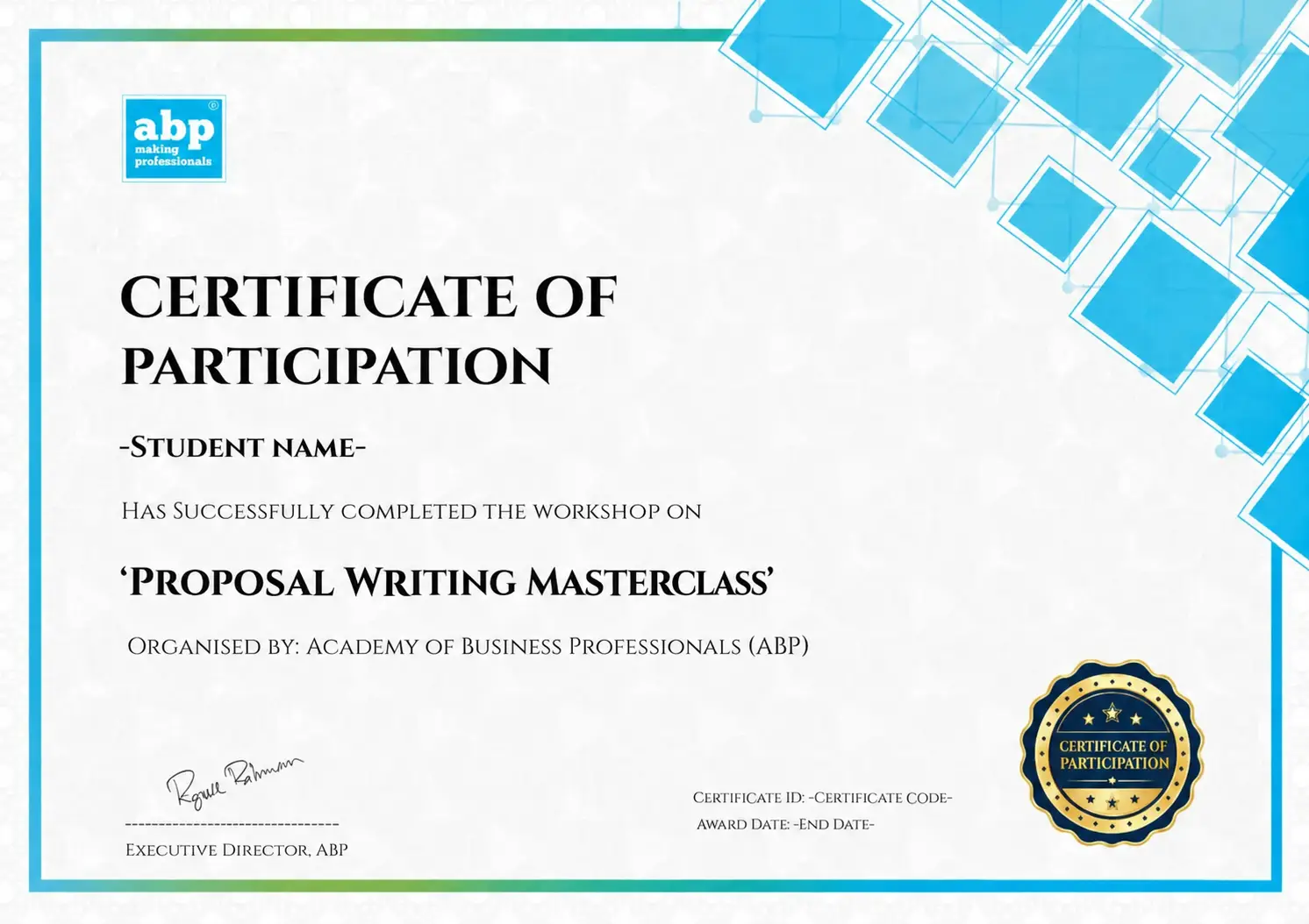 Proposal Writing Masterclass certificate sample
